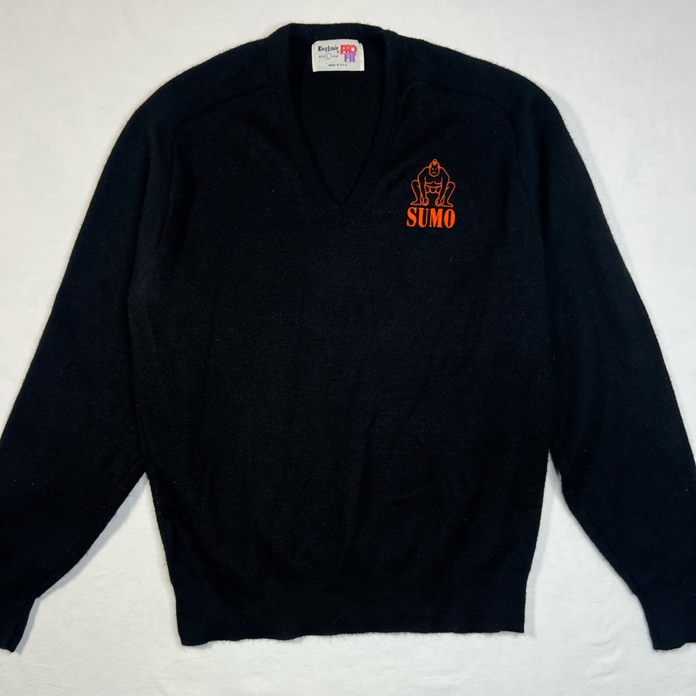 Vintage King Louie Pro Fit Sweater L USA Black V-Neck Embroidered Sumo Wrestler